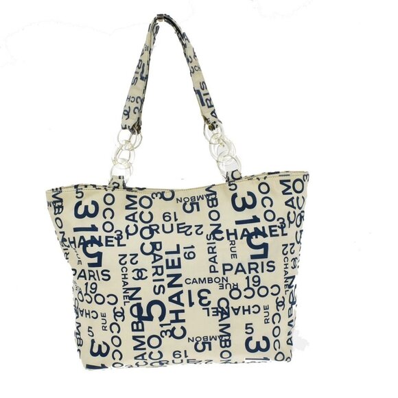 CHANEL Logo By Sea Shoulder Tote Bag Canvas Leather White Blue Italy 85KB313 - Picture 4 of 16